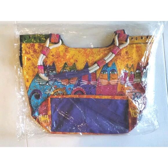 Laurel Burch NEW Scoop Tote Zipper Top FELINE TRIBE Artsy Cats Bright Happy Bag - Picture 4 of 12